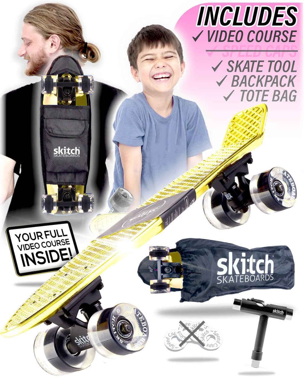 Ultimate Skateboard Gift Set for All Ages | Complete Package with Mini Cruiser, Backpack, Video Course, Speed Control & Skate Tool