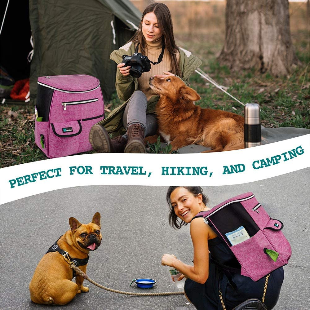 Airline Approved Dog Travel Backpack - Ultimate Pet Camping & Hiking Essentials with Food Container, Collapsible Bowls, and Diaper Bag - Perfect Gift for Dog Moms in Pink