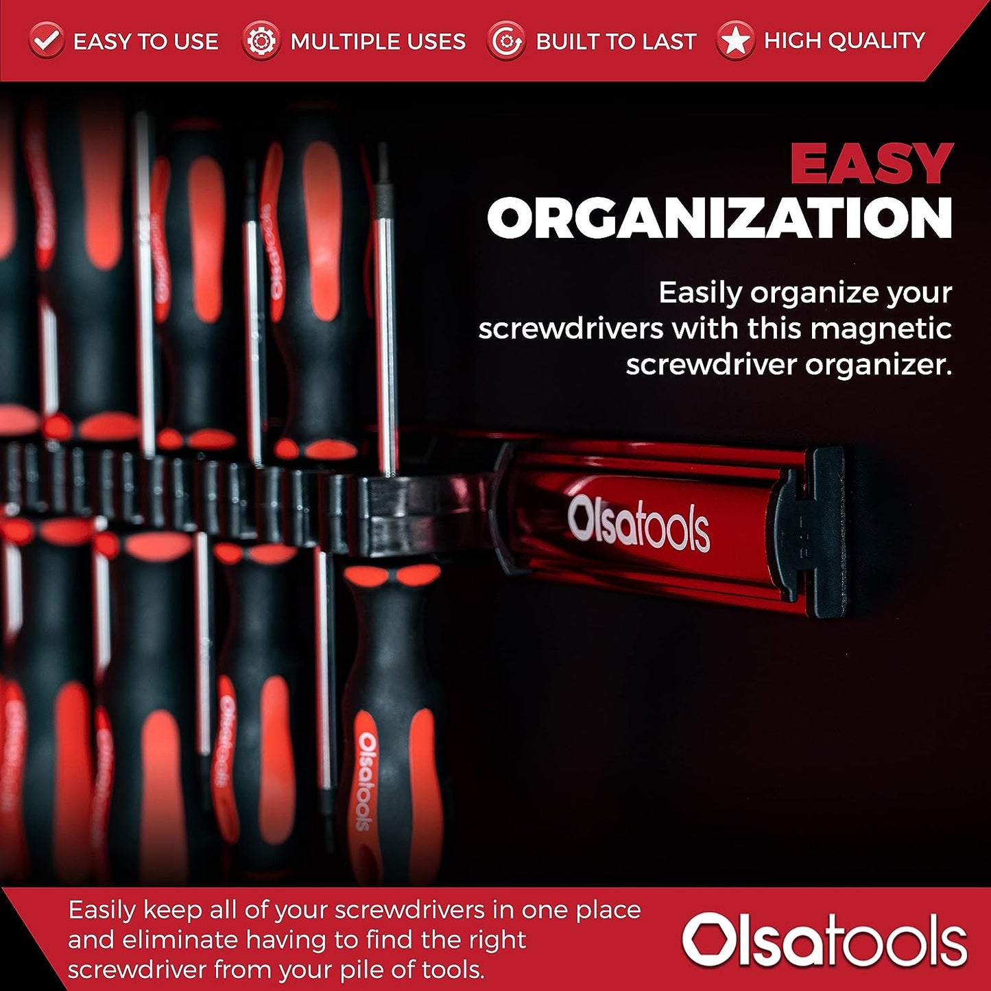 Professional Magnetic Screwdriver Organizer - Holds Up to 16 Tools - Sleek Red Design