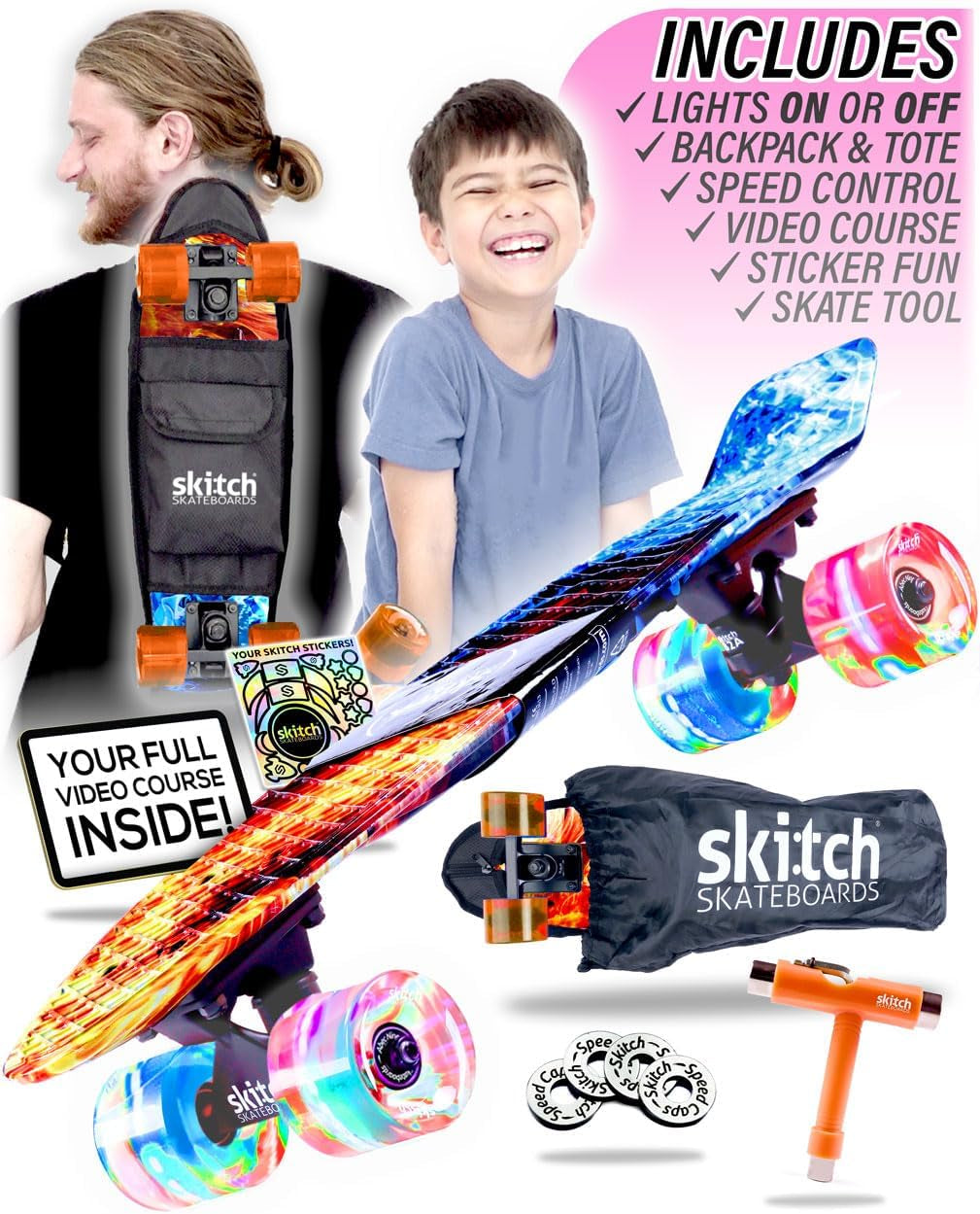 Ultimate Skateboard Gift Set for All Ages | Complete Package with Mini Cruiser, Backpack, Video Course, Speed Control & Skate Tool