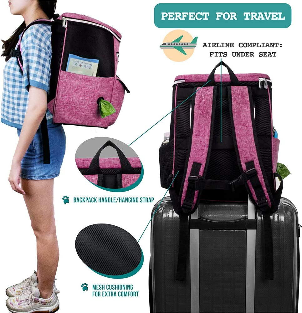 Airline Approved Dog Travel Backpack - Ultimate Pet Camping & Hiking Essentials with Food Container, Collapsible Bowls, and Diaper Bag - Perfect Gift for Dog Moms in Pink