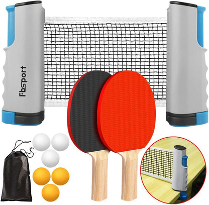 Ping Pong Paddle Set, Portable Table Tennis Set with Retractable Net,Rackets,Balls and Carry Bag for Indoor/Outdoor Games