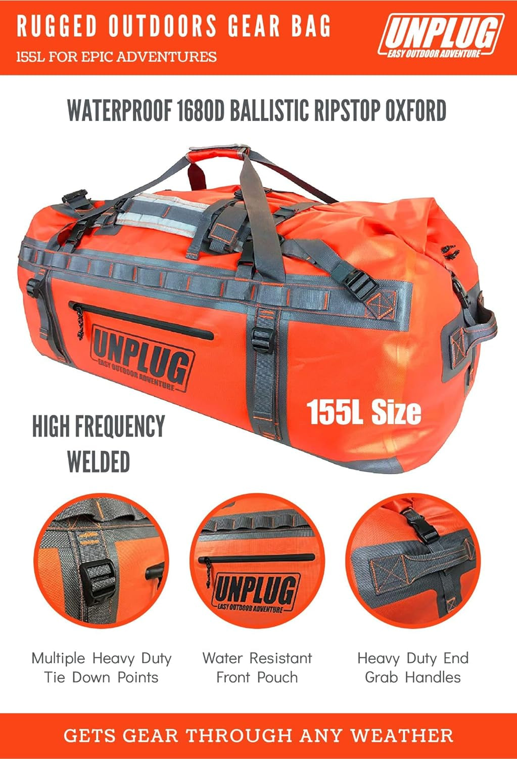 UNPLUG Ultimate Adventure Bag - Heavy Duty Waterproof Travel Duffel for Camping, Boating, and Motorcycling