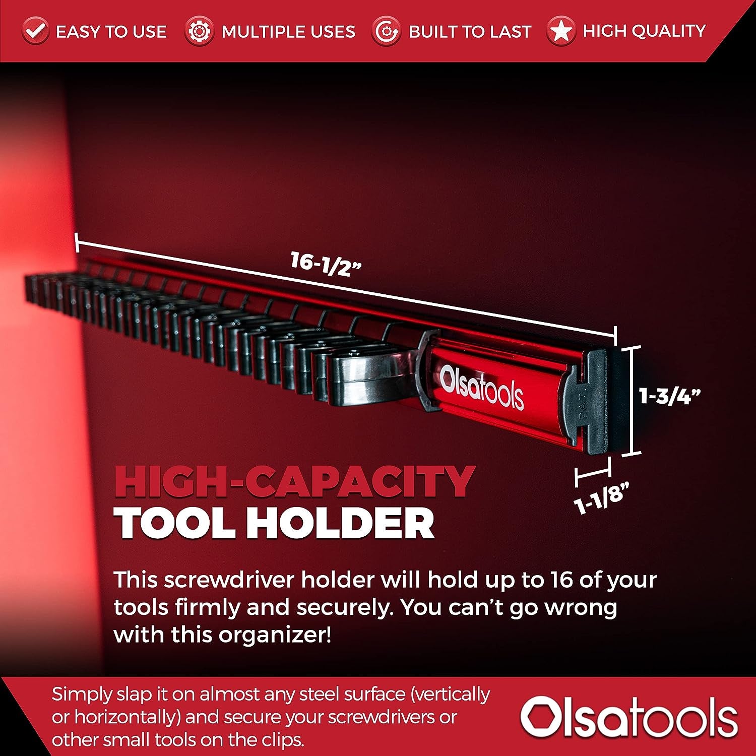 Professional Magnetic Screwdriver Organizer - Holds Up to 16 Tools - Sleek Red Design