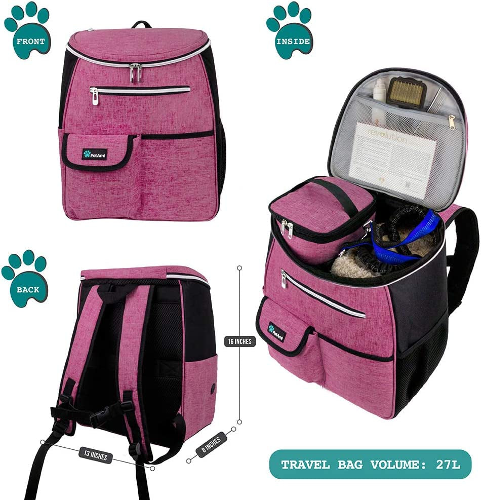 Airline Approved Dog Travel Backpack - Ultimate Pet Camping & Hiking Essentials with Food Container, Collapsible Bowls, and Diaper Bag - Perfect Gift for Dog Moms in Pink