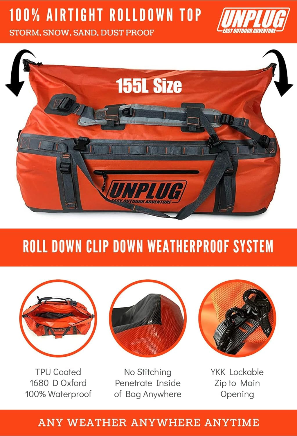 UNPLUG Ultimate Adventure Bag - Heavy Duty Waterproof Travel Duffel for Camping, Boating, and Motorcycling