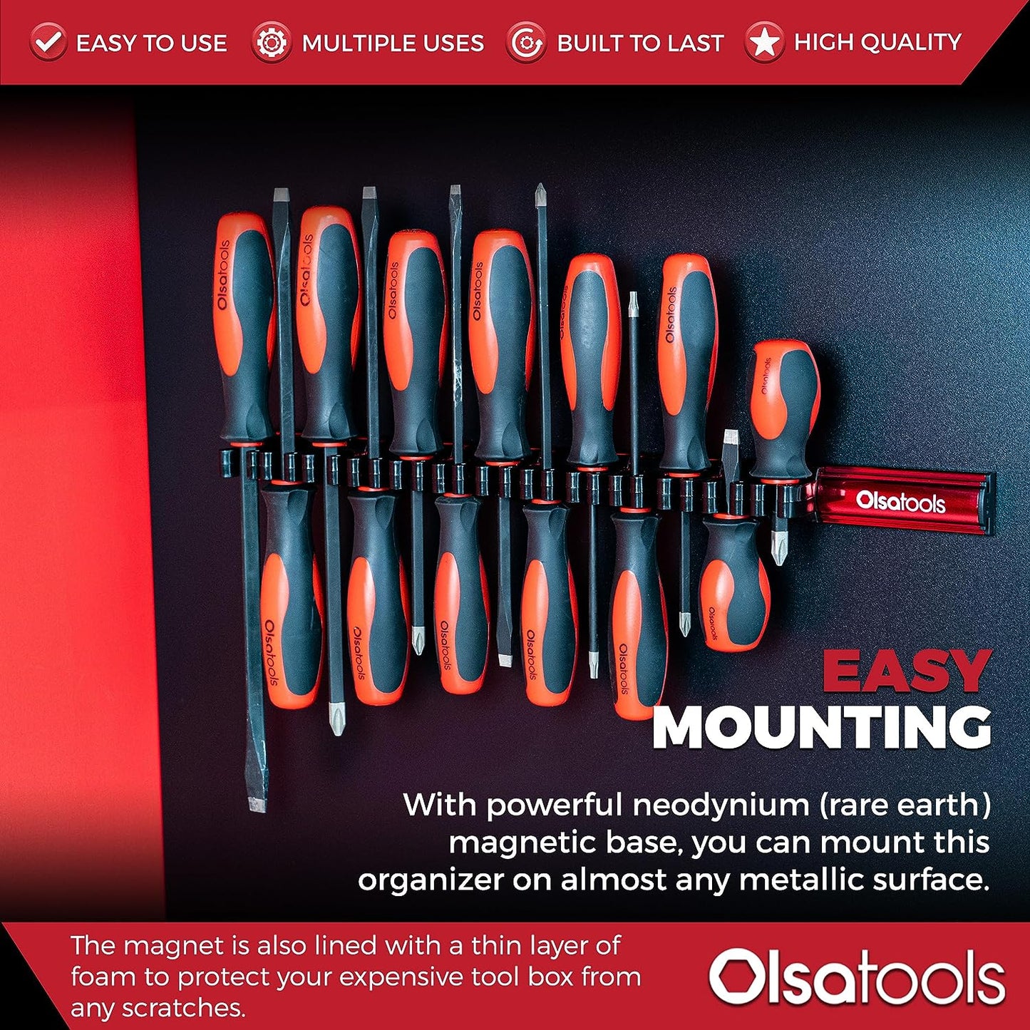 Professional Magnetic Screwdriver Organizer - Holds Up to 16 Tools - Sleek Red Design