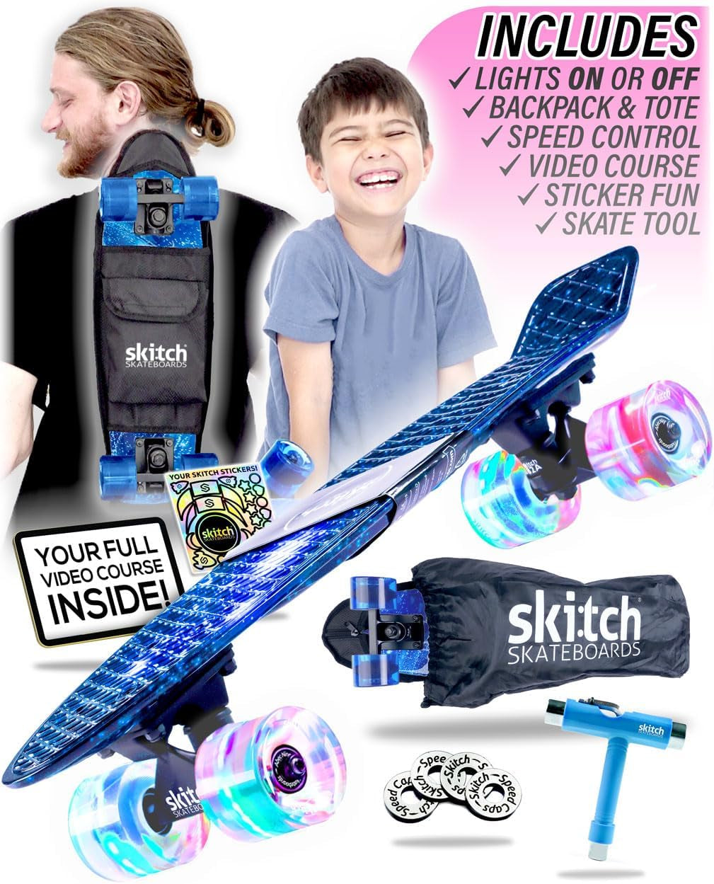 Ultimate Skateboard Gift Set for All Ages | Complete Package with Mini Cruiser, Backpack, Video Course, Speed Control & Skate Tool