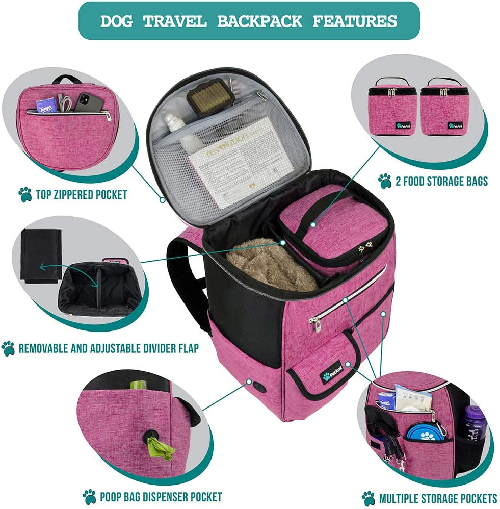 Airline Approved Dog Travel Backpack - Ultimate Pet Camping & Hiking Essentials with Food Container, Collapsible Bowls, and Diaper Bag - Perfect Gift for Dog Moms in Pink