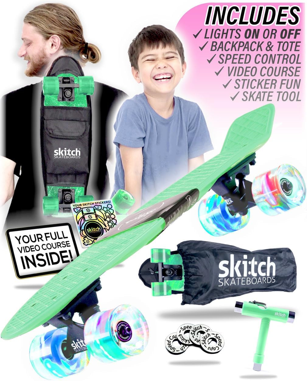 Ultimate Skateboard Gift Set for All Ages | Complete Package with Mini Cruiser, Backpack, Video Course, Speed Control & Skate Tool